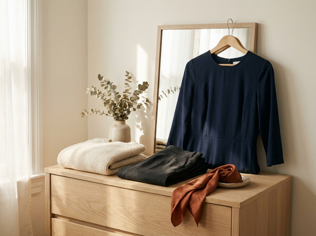 A capsule wardrobe laid out on a dresser