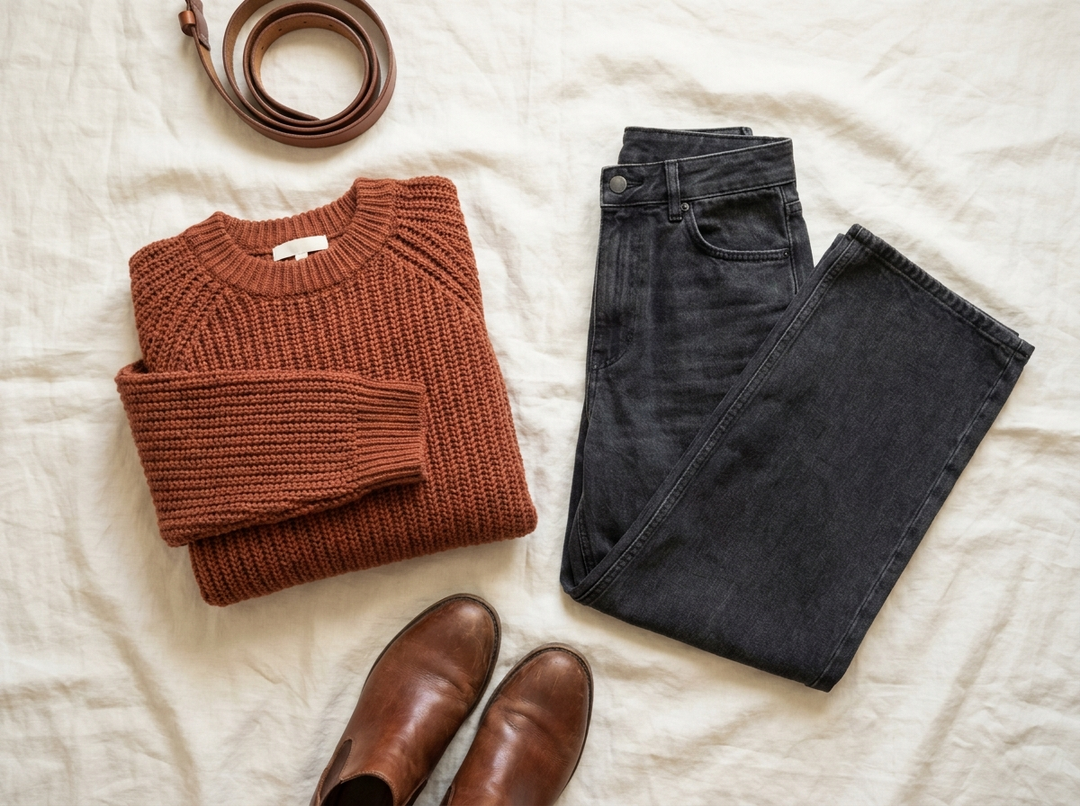 A knit, jeans, belt and boots laid flat
