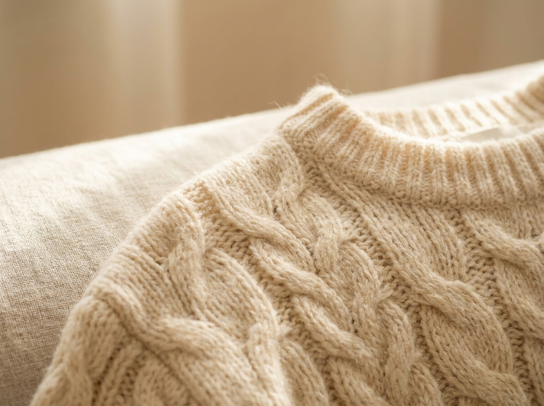 Close detail of a cream cable-knit sweater