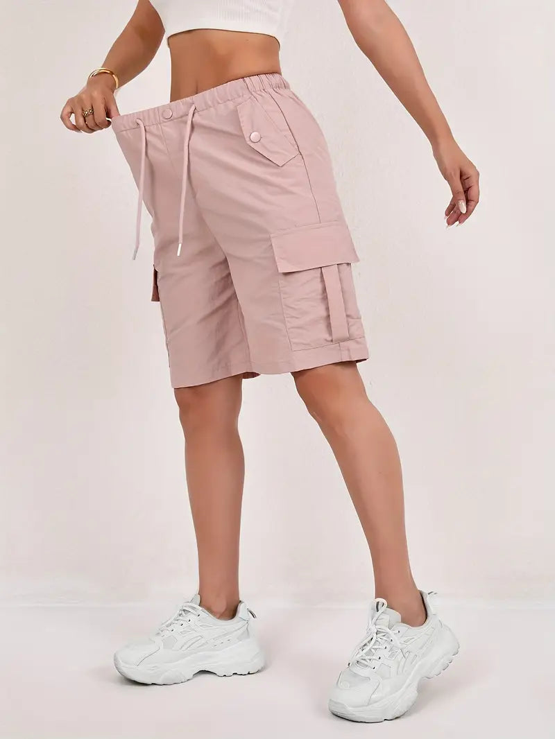 Effortless Pink Cargo Shorts for Women with High Waist Drawstring Flap Pocket Relaxed Style