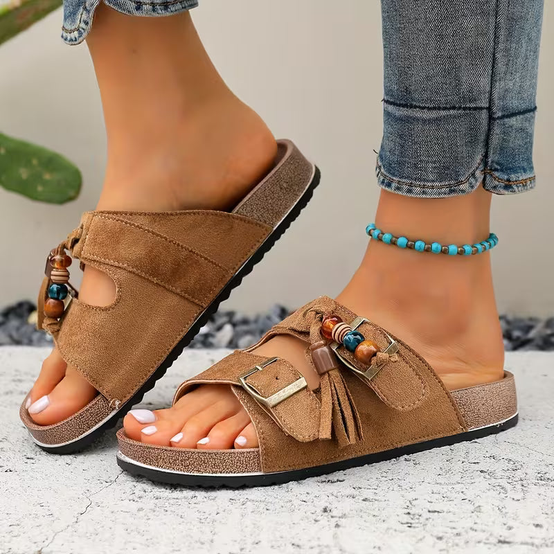 Comfortable Slide Sandals for Women with Tassel Detail Buckle Strap Contoured Footbed Open Toe Style