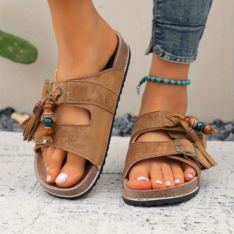 Comfortable Slide Sandals for Women with Tassel Detail Buckle Strap Contoured Footbed Open Toe Style