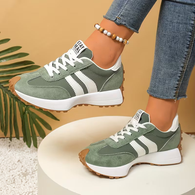 Comfortable Trainers for Women with Colorblock Panel Lace Up Cushioned Sole Retro Runner Style