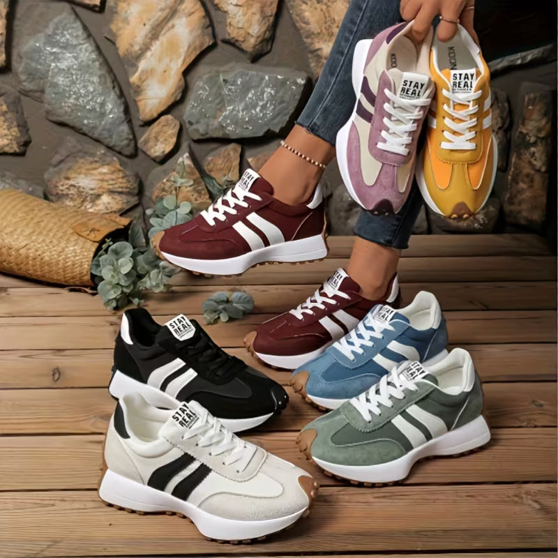 Comfortable Trainers for Women with Colorblock Panel Lace Up Cushioned Sole Retro Runner Style