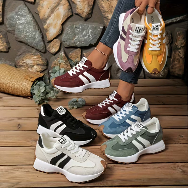 Comfortable Trainers for Women with Colorblock Panel Lace Up Cushioned Sole Retro Runner Style