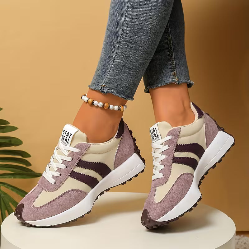 Comfortable Trainers for Women with Colorblock Panel Lace Up Cushioned Sole Retro Runner Style