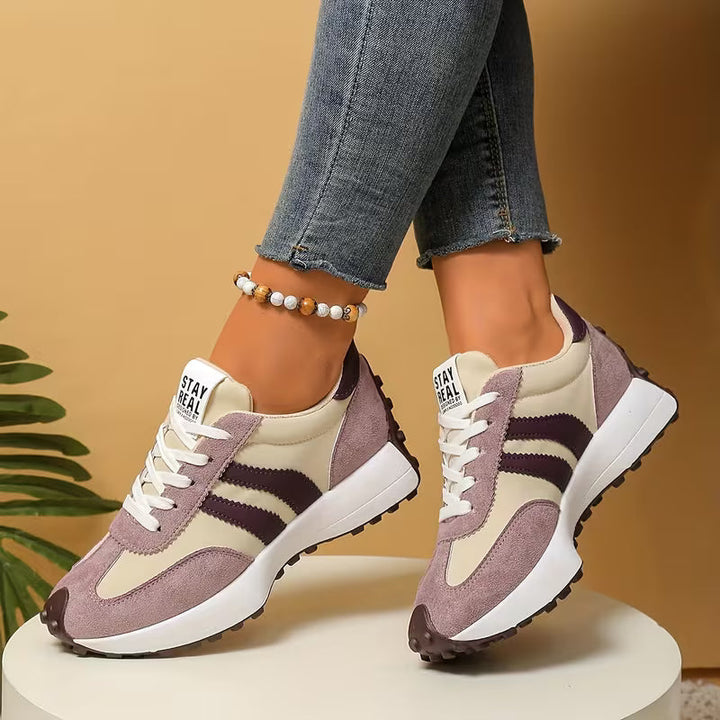Comfortable Trainers for Women with Colorblock Panel Lace Up Cushioned Sole Retro Runner Style