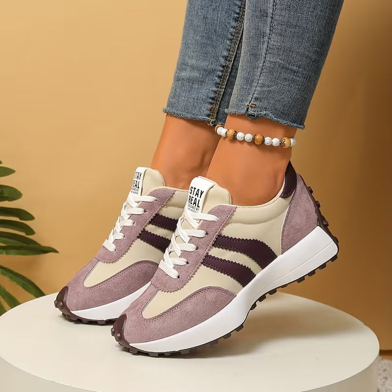 Comfortable Trainers for Women with Colorblock Panel Lace Up Cushioned Sole Retro Runner Style
