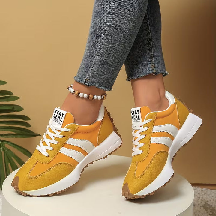 Comfortable Trainers for Women with Colorblock Panel Lace Up Cushioned Sole Retro Runner Style