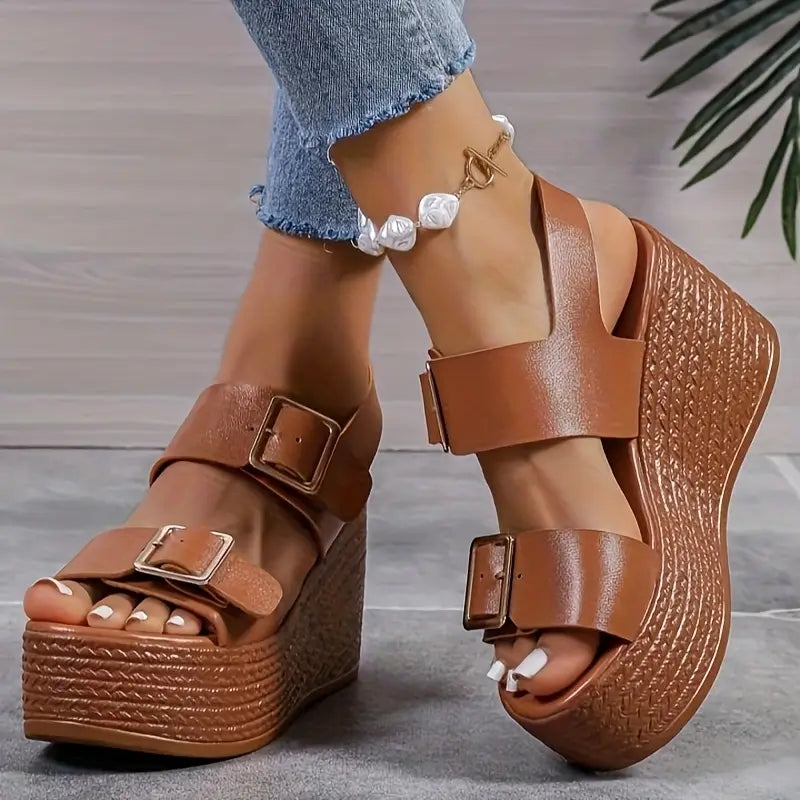 Comfortable Brown Wedge Sandals for Women with Double Buckle Strap Espadrille Platform Open Toe Style