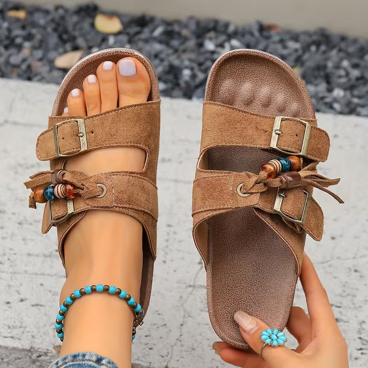 Comfortable Slide Sandals for Women with Tassel Detail Buckle Strap Contoured Footbed Open Toe Style