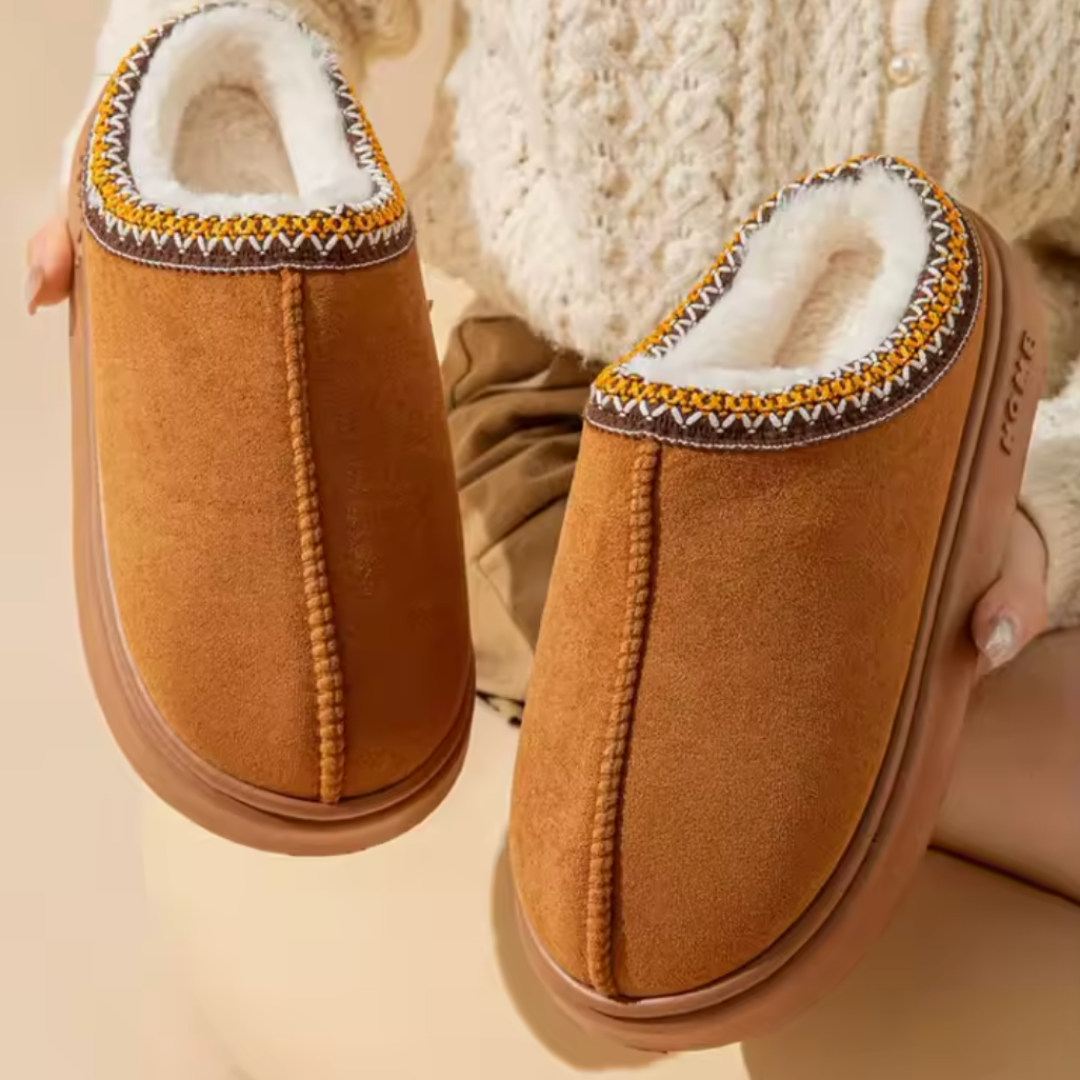 Comfortable Slippers for Women with Faux Shearling Collar Braided Trim Backless Mule Style