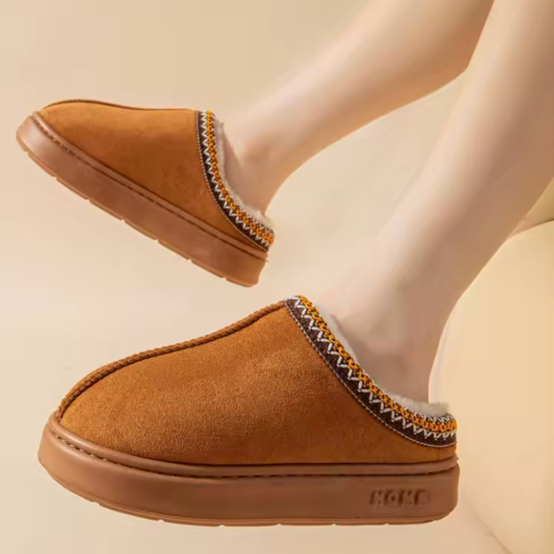 Comfortable Slippers for Women with Faux Shearling Collar Braided Trim Backless Mule Style