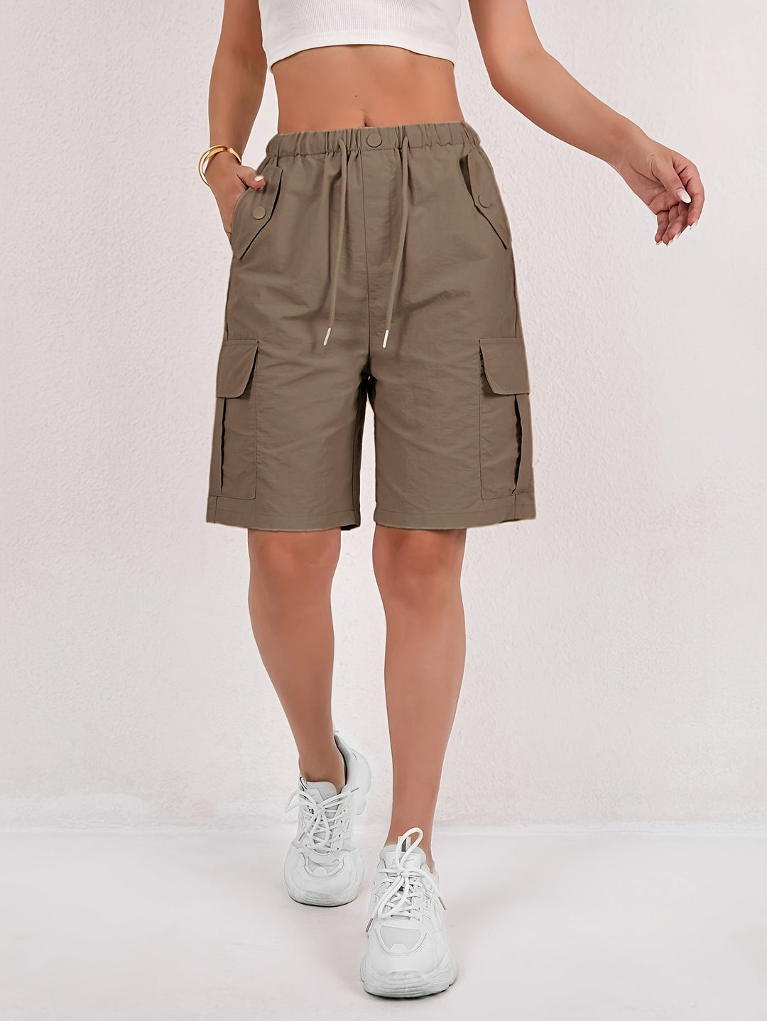 Effortless Pink Cargo Shorts for Women with High Waist Drawstring Flap Pocket Relaxed Style