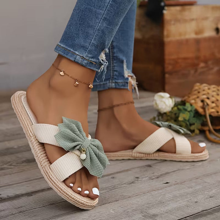 Comfortable Flat Sandals for Women with Bow Detail Crossover Strap Espadrille Trim Open Toe Style