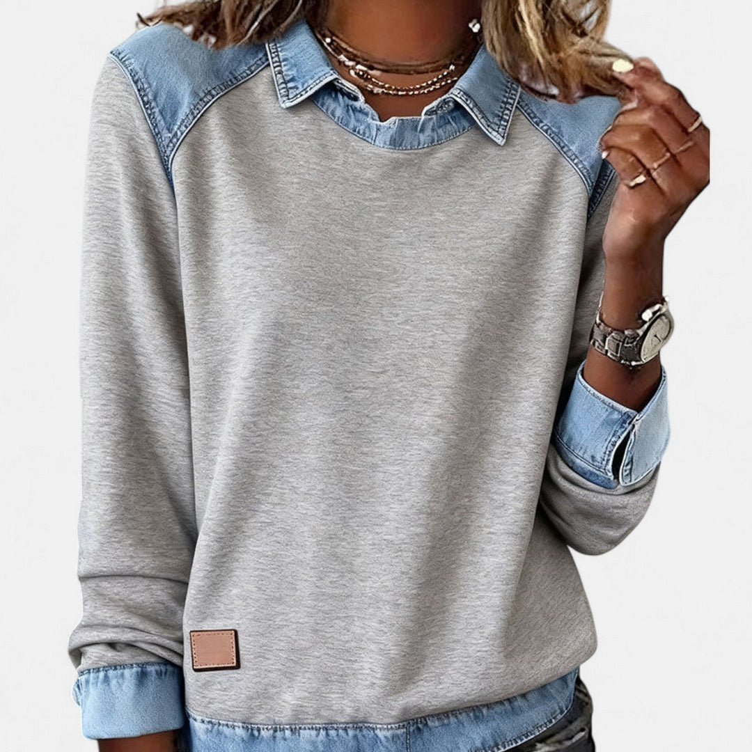 Effortless Denim Patchwork Sweatshirt for Women with Collared Raglan Long Sleeve Relaxed Casual Style