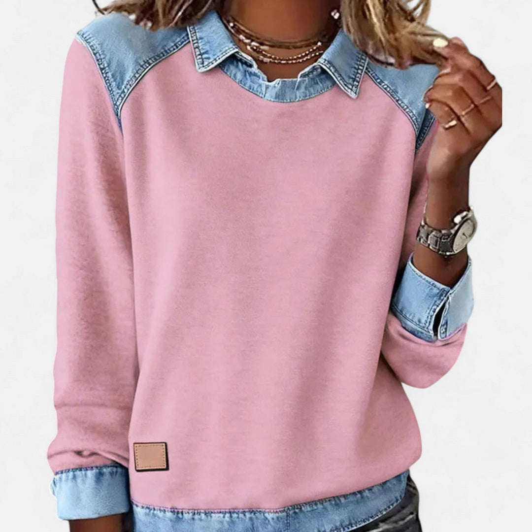 Effortless Denim Patchwork Sweatshirt for Women with Collared Raglan Long Sleeve Relaxed Casual Style