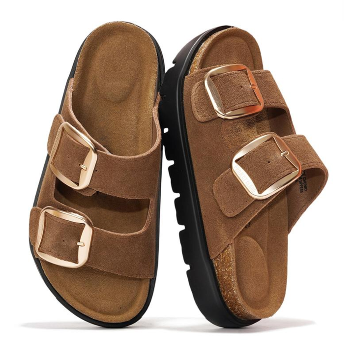 Comfortable Slide Sandals for Women with Double Buckle Strap Contoured Footbed Open Toe Style