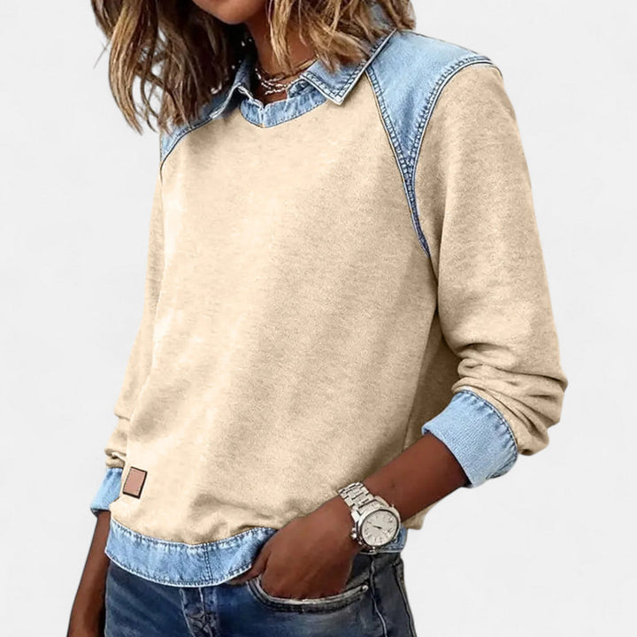 Effortless Denim Patchwork Sweatshirt for Women with Collared Raglan Long Sleeve Relaxed Casual Style