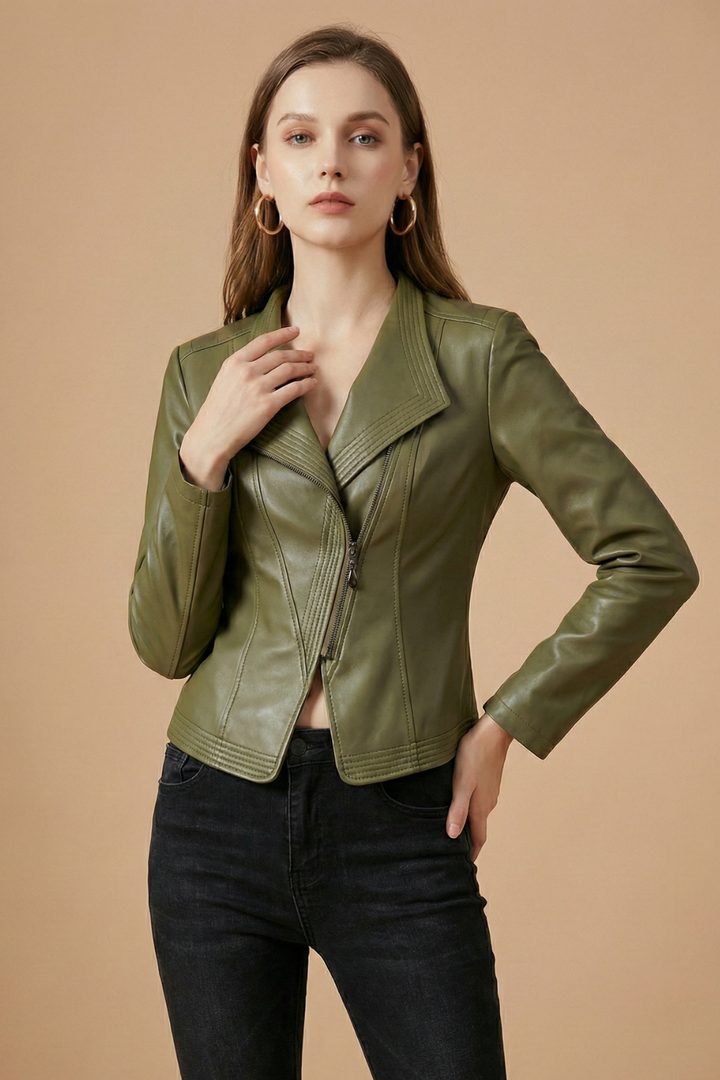 Elegant Leather Jacket for Women with Notched Collar Long Sleeve Asymmetric Zip Fitted Style
