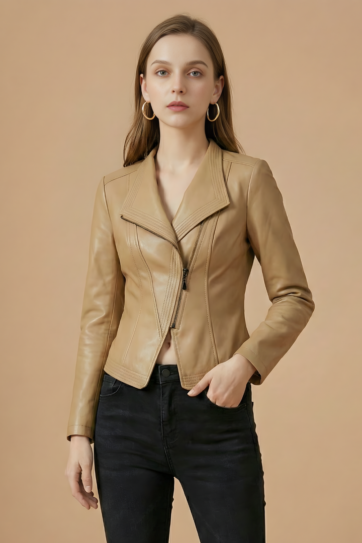 Elegant Leather Jacket for Women with Notched Collar Long Sleeve Asymmetric Zip Fitted Style