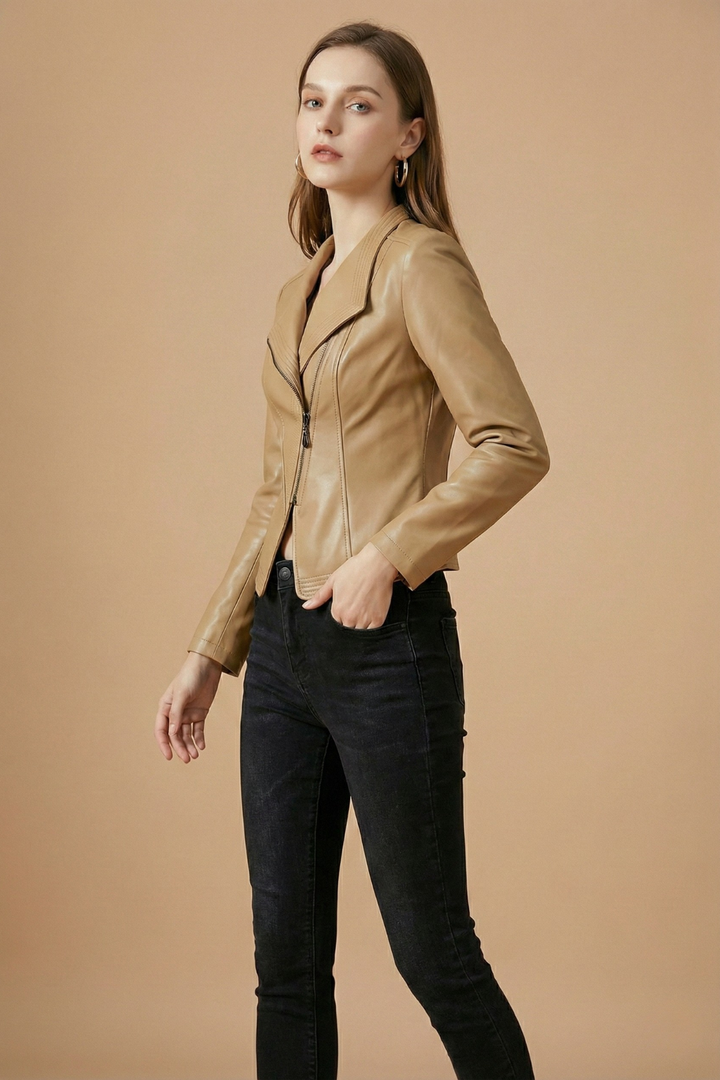 Elegant Leather Jacket for Women with Notched Collar Long Sleeve Asymmetric Zip Fitted Style