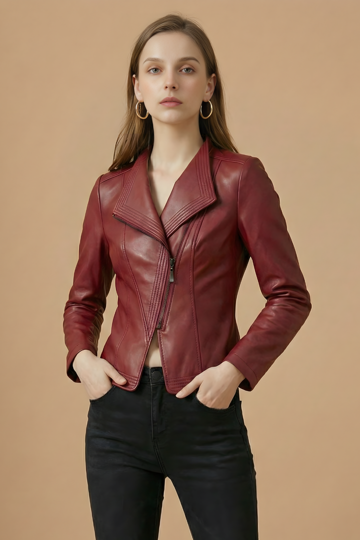 Elegant Leather Jacket for Women with Notched Collar Long Sleeve Asymmetric Zip Fitted Style