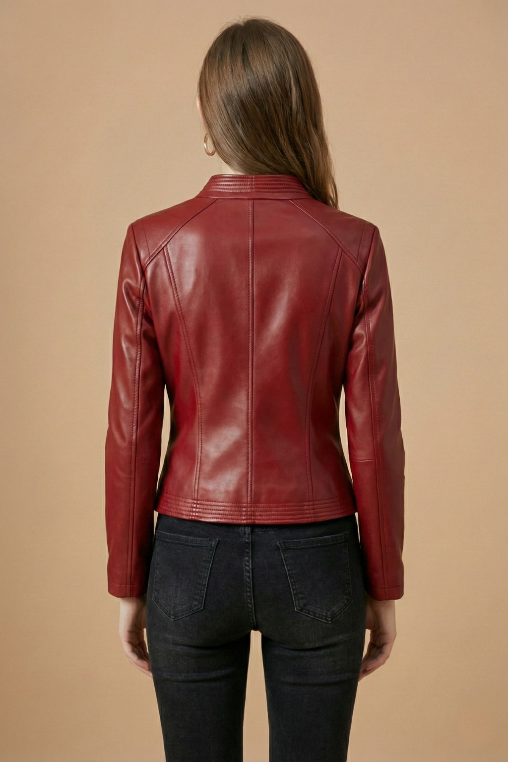 Elegant Leather Jacket for Women with Notched Collar Long Sleeve Asymmetric Zip Fitted Style