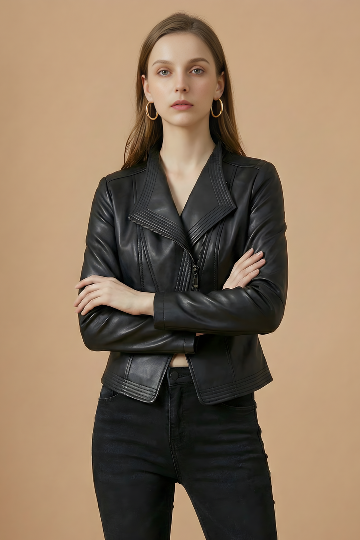 Elegant Leather Jacket for Women with Notched Collar Long Sleeve Asymmetric Zip Fitted Style
