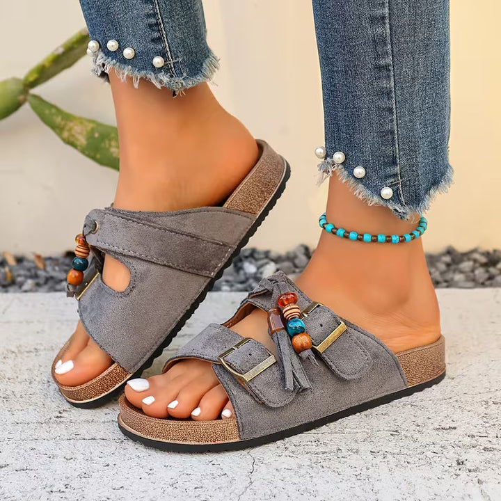 Comfortable Slide Sandals for Women with Tassel Detail Buckle Strap Contoured Footbed Open Toe Style