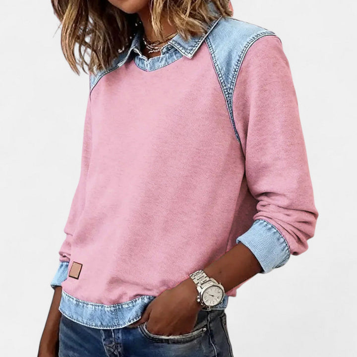 Effortless Denim Patchwork Sweatshirt for Women with Collared Raglan Long Sleeve Relaxed Casual Style
