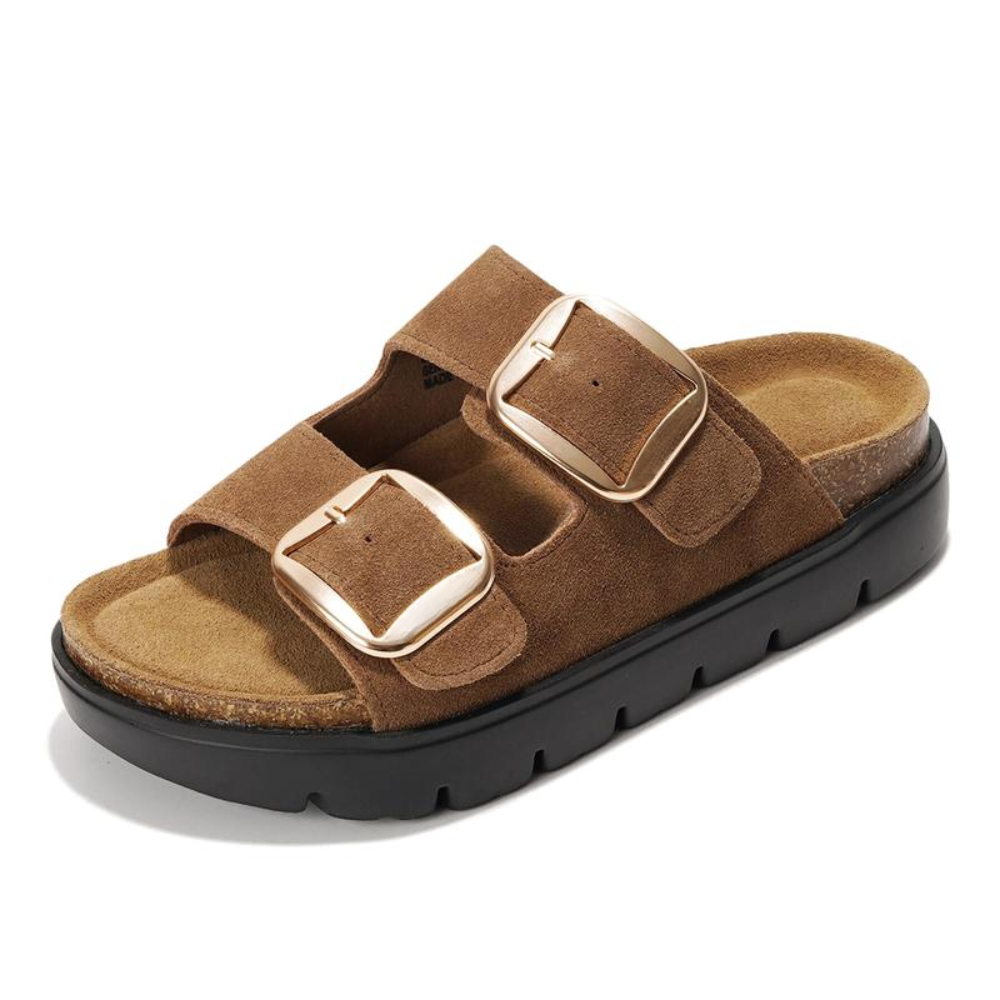 Comfortable Slide Sandals for Women with Double Buckle Strap Contoured Footbed Open Toe Style