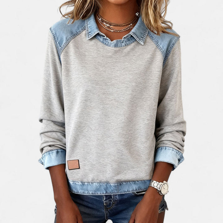 Effortless Denim Patchwork Sweatshirt for Women with Collared Raglan Long Sleeve Relaxed Casual Style