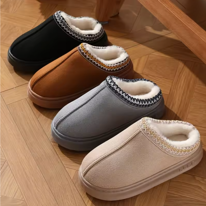 Comfortable Slippers for Women with Faux Shearling Collar Braided Trim Backless Mule Style