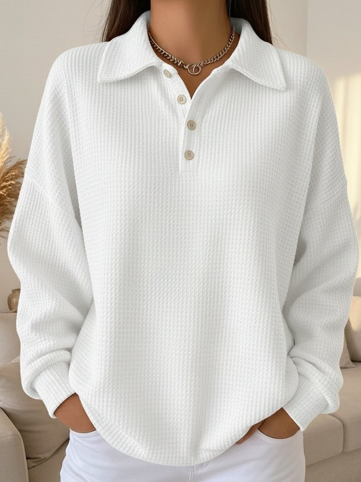 Comfortable Waffle Knit Polo Sweater for Women with Collar Long Sleeve Button Front Oversized Relaxed Style