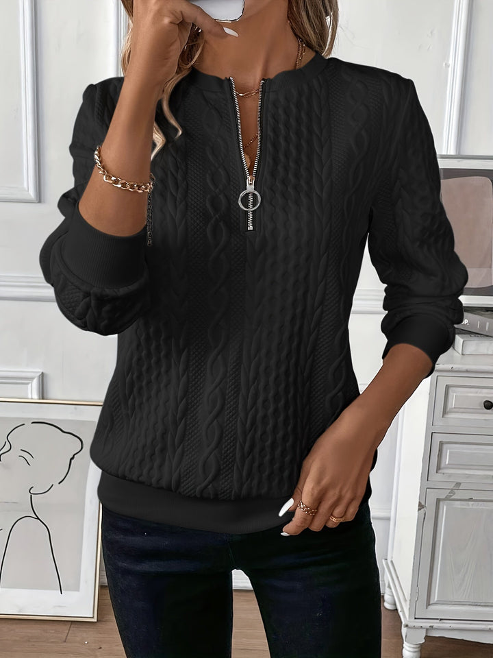 Comfortable Cable Knit Sweater for Women with Zip Collar Long Sleeve Relaxed Textured Style