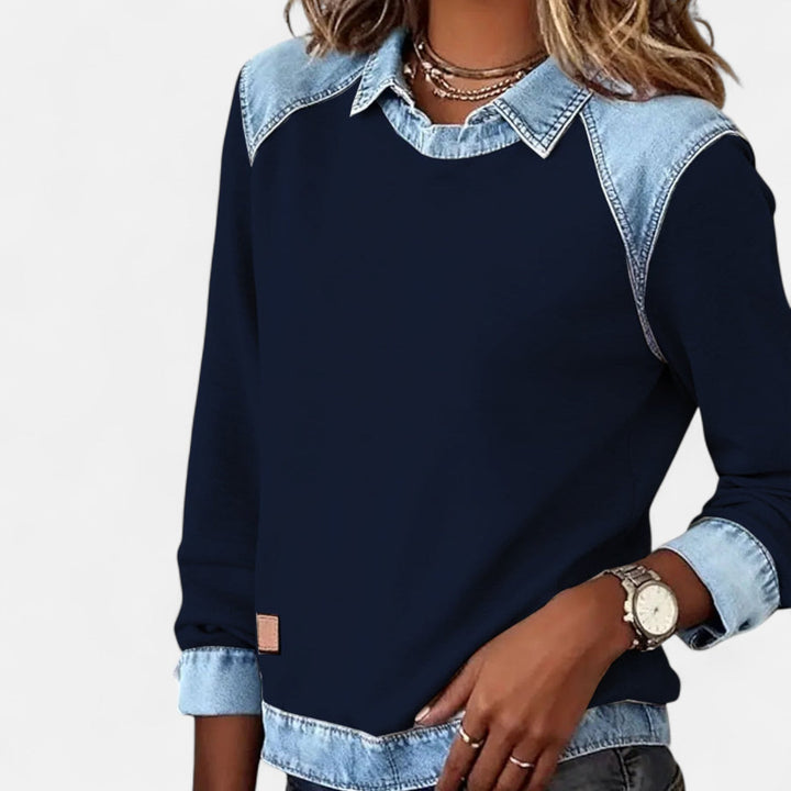 Effortless Denim Patchwork Sweatshirt for Women with Collared Raglan Long Sleeve Relaxed Casual Style