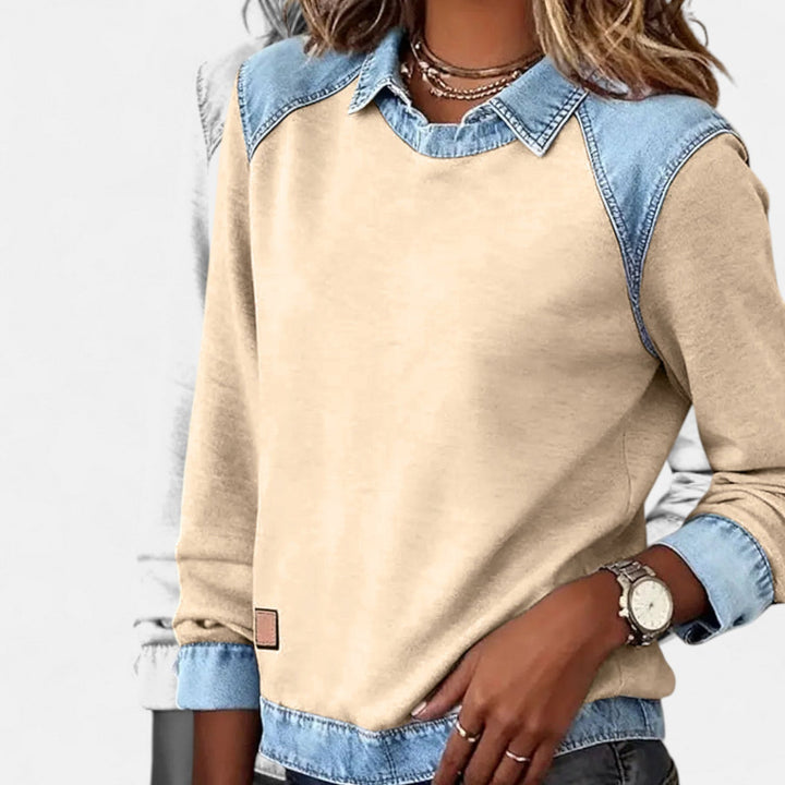 Effortless Denim Patchwork Sweatshirt for Women with Collared Raglan Long Sleeve Relaxed Casual Style