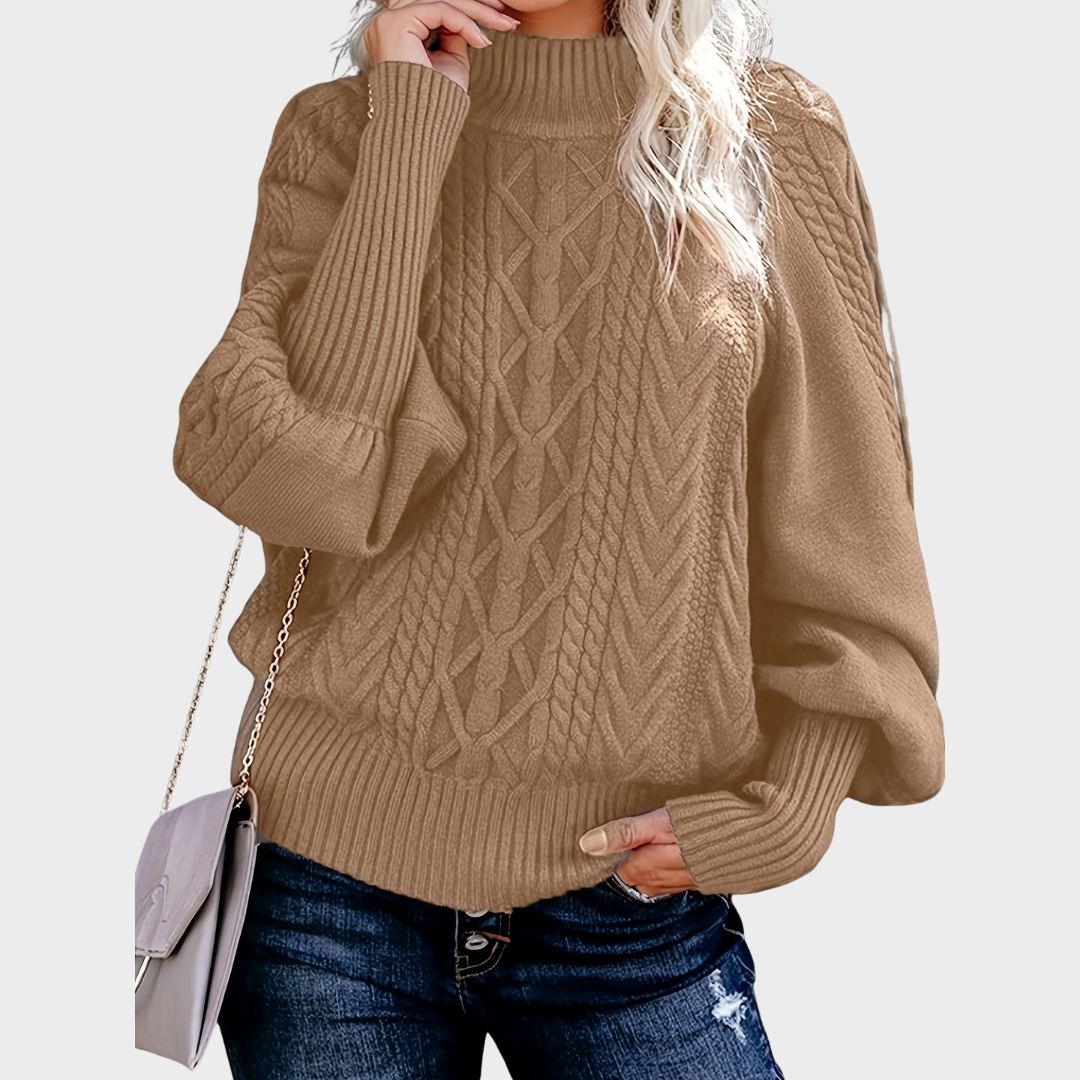 Comfortable Cable Sweater for Women with Mock Neck Balloon Sleeve Relaxed Oversized Knit Style