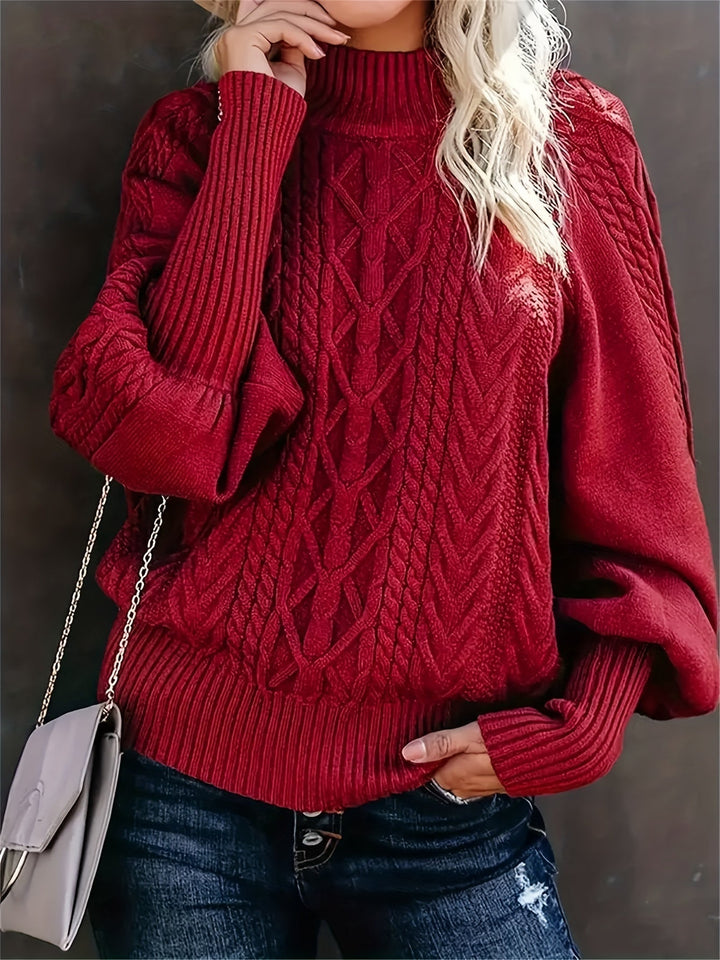 Comfortable Cable Sweater for Women with Mock Neck Balloon Sleeve Relaxed Oversized Knit Style