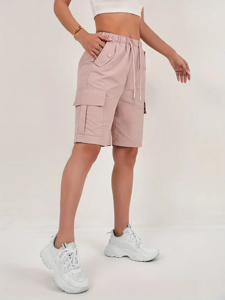 Effortless Pink Cargo Shorts for Women with High Waist Drawstring Flap Pocket Relaxed Style