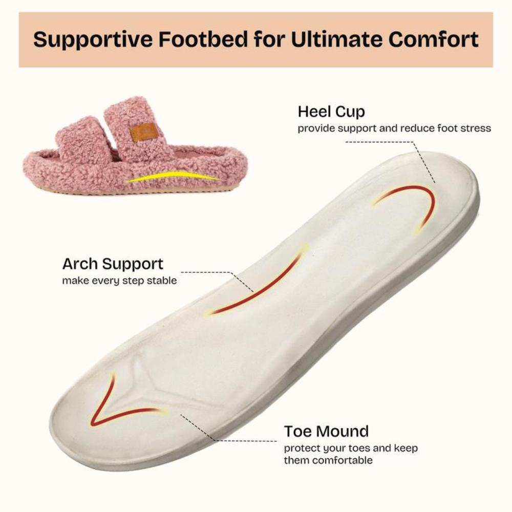 Comfortable Slippers with Arch Support for Women with Double Fur Strap Contoured Footbed Open Toe Style