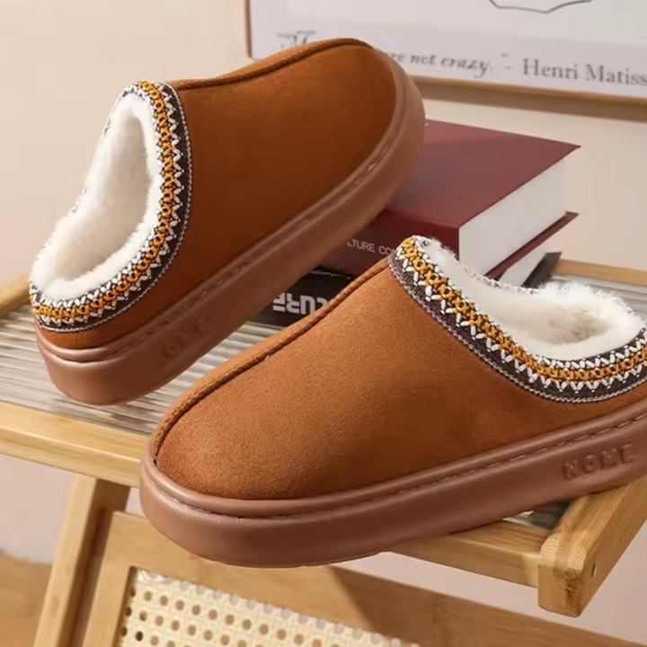 Comfortable Slippers for Women with Faux Shearling Collar Braided Trim Backless Mule Style