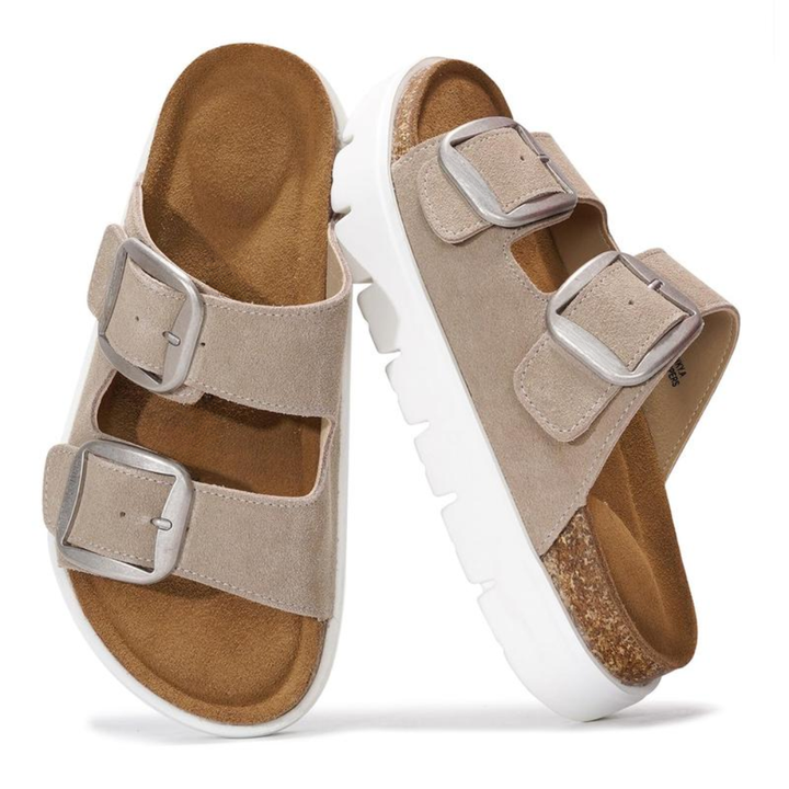 Comfortable Slide Sandals for Women with Double Buckle Strap Contoured Footbed Open Toe Style