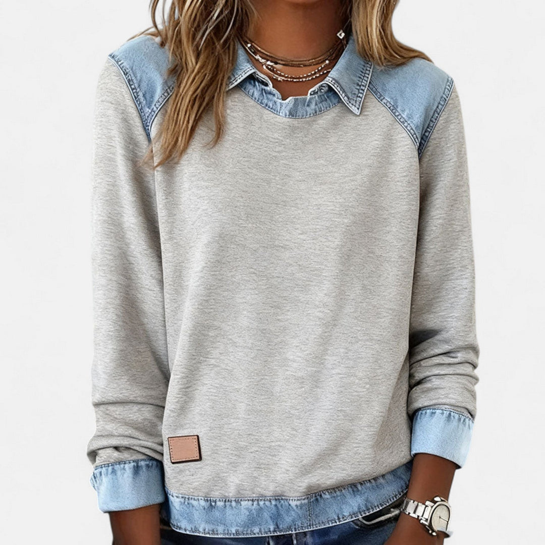 Effortless Denim Patchwork Sweatshirt for Women with Collared Raglan Long Sleeve Relaxed Casual Style