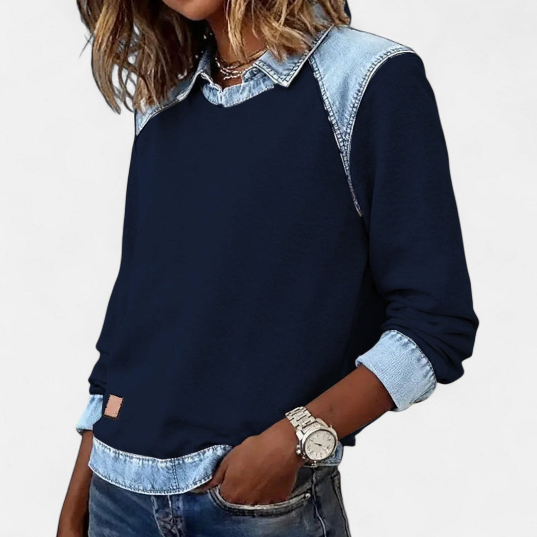 Effortless Denim Patchwork Sweatshirt for Women with Collared Raglan Long Sleeve Relaxed Casual Style