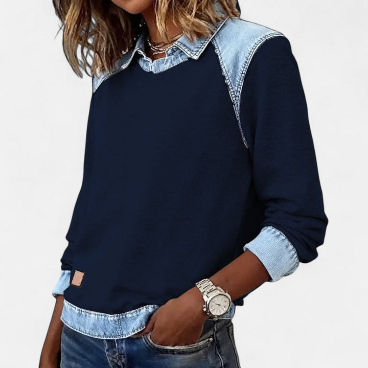 Effortless Denim Patchwork Sweatshirt for Women with Collared Raglan Long Sleeve Relaxed Casual Style