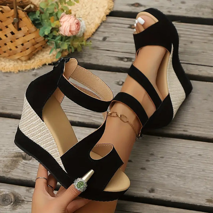 Comfortable Black Wedge Sandals for Women with Ankle Strap Espadrille Platform Open Toe Style