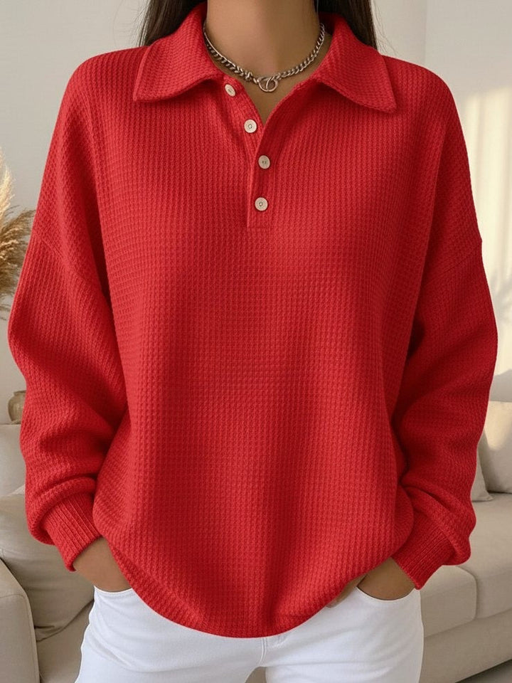 Comfortable Waffle Knit Polo Sweater for Women with Collar Long Sleeve Button Front Oversized Relaxed Style