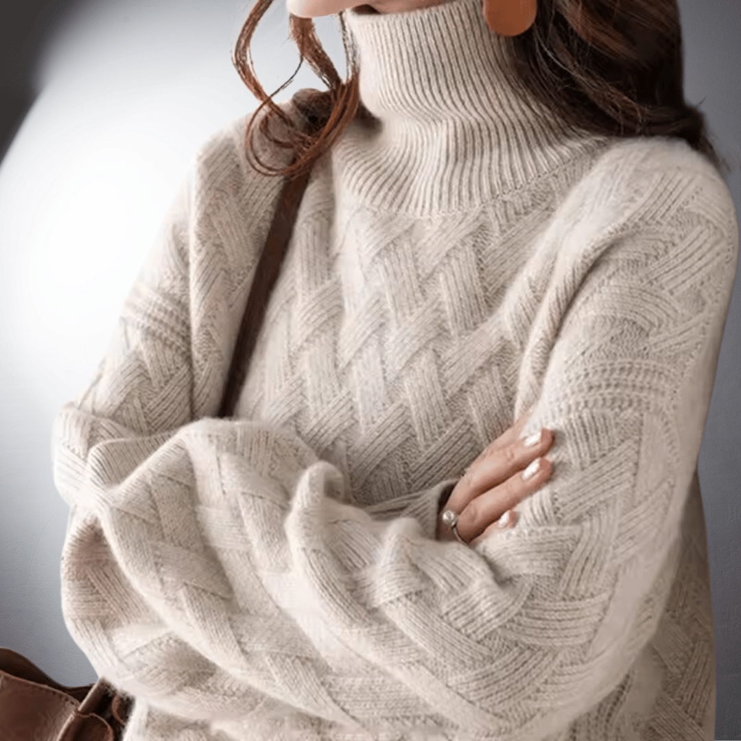 Comfortable Basketweave Knit Sweater for Women with Turtleneck Long Sleeve Relaxed Oversized Style